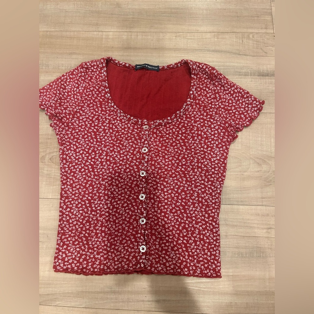 Red Cap Sleeve Button Down Blouse
